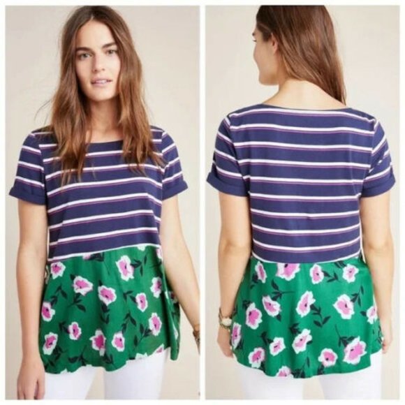 Anthropologie Mixed Media Floral Stripe Top - Picture 1 of 3